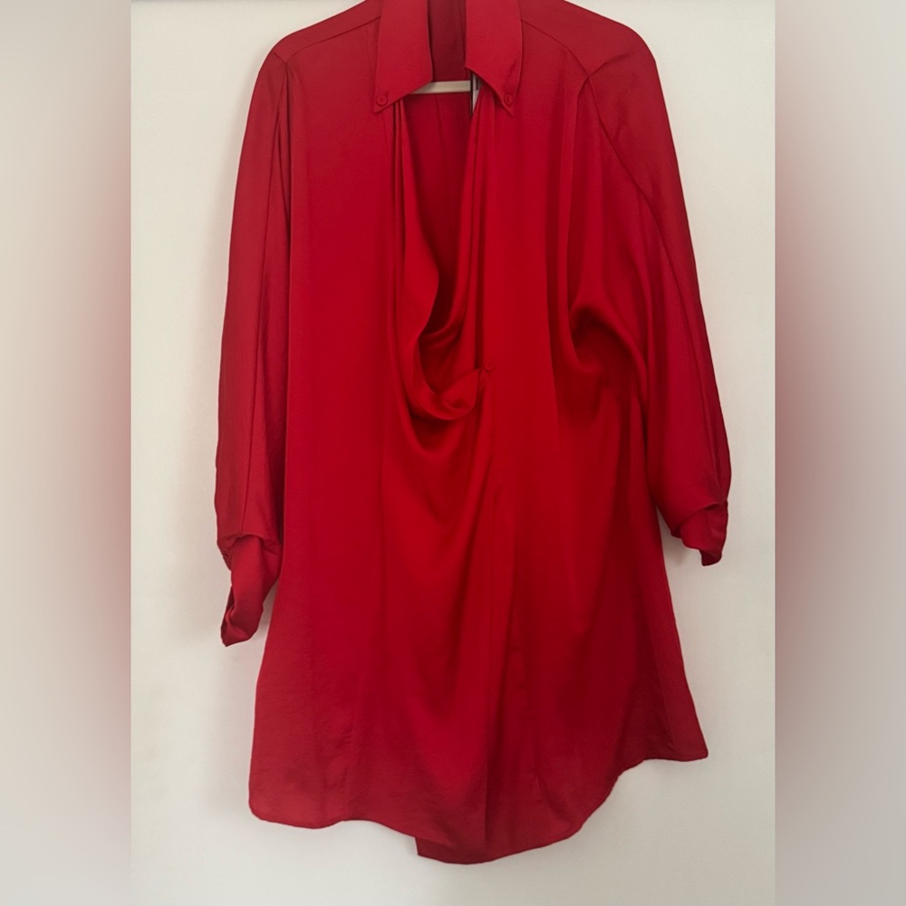 BCBG red wrap dress with long sleeves and rope belt